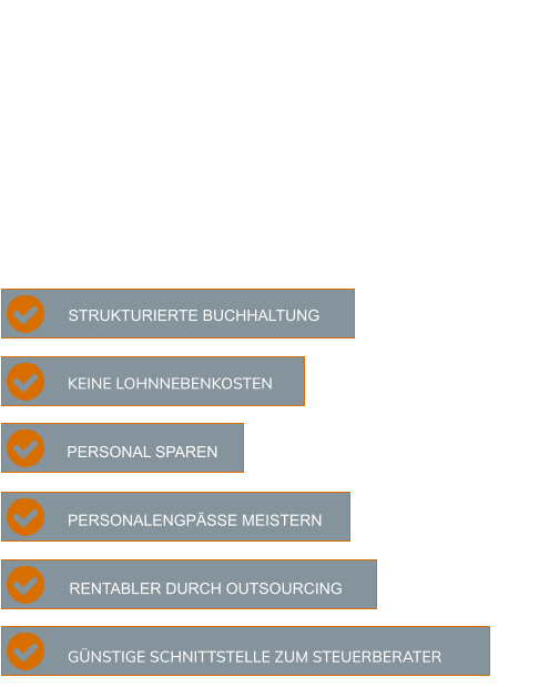 GÜNSTIGE SCHNITTSTELLE ZUM STEUERBERATER  RENTABLER DURCH OUTSOURCING PERSONALENGPÄSSE MEISTERN  PERSONAL SPAREN  KEINE LOHNNEBENKOSTEN  STRUKTURIERTE BUCHHALTUNG